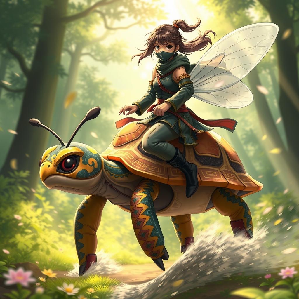 A dynamic scene featuring a ninja girl gracefully riding an enchanting creature that blends characteristics of both a turtle and a bee
