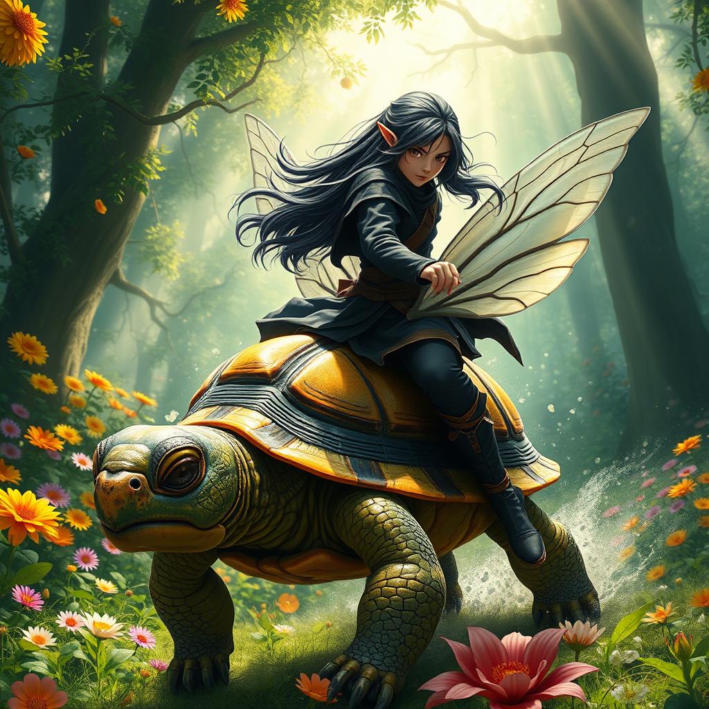 A fierce ninja girl with long flowing hair, clad in a dark ninja outfit, riding a fantastical creature that has the body of a turtle and the wings of a bee