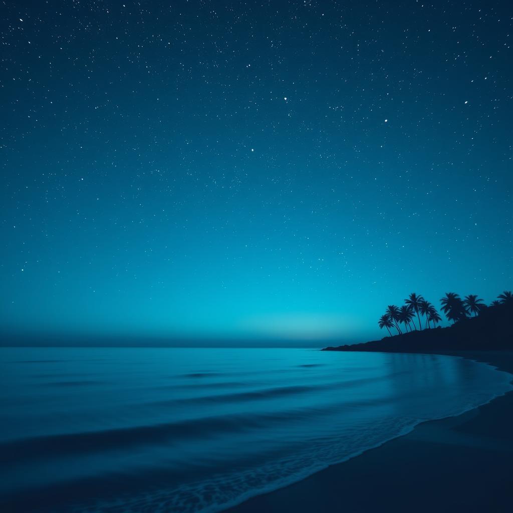 A tranquil and calming landscape scene featuring a serene night sky painted in deep, dark blue hues studded with bright white stars