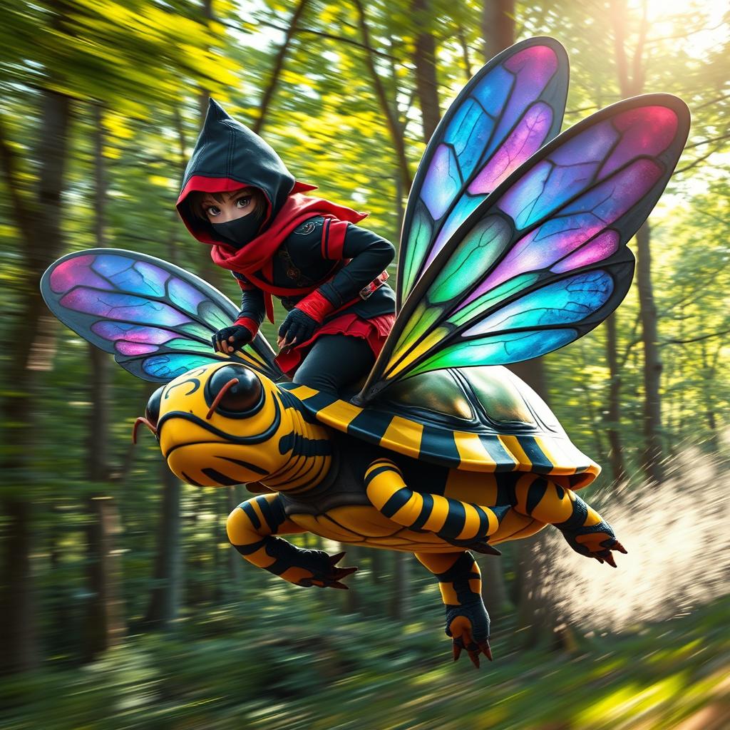 A fierce ninja girl in a stylish black and red ninja outfit, complete with a hood and mask, is riding a fantastical creature that is a unique blend of a bee and a turtle with colorful, iridescent wings