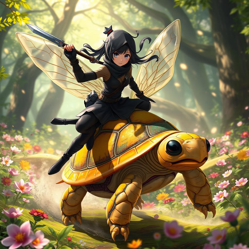 A dynamic scene featuring a ninja girl with a stealthy and agile appearance, riding a fantastical creature that is an imaginative blend of a bee and a turtle, complete with delicate, transparent wings and a sturdy shell