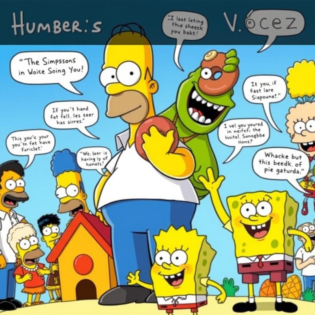 A colorful montage of various characters voiced by Humberto Vélez, prominently featuring a vibrant cartoon-style aesthetic