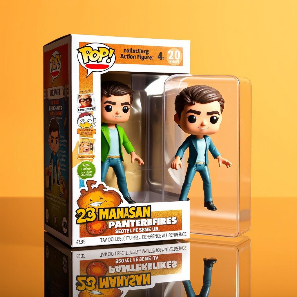 A toy figure styled as a collectible action figure, depicting a character resembling a specific person from reference in a classic toy box packaging