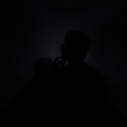 Depict a lone man smoking a cigarette, illuminated faintly, with obscured, shadowy silhouettes looming in the background.