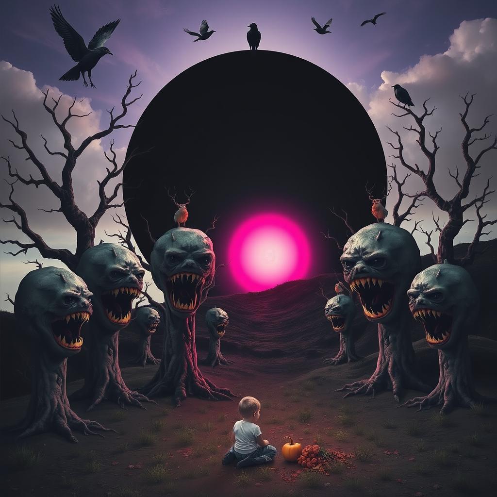 A surreal landscape featuring trees with angry black mouths, a black sun, and a pink core glowing in the center