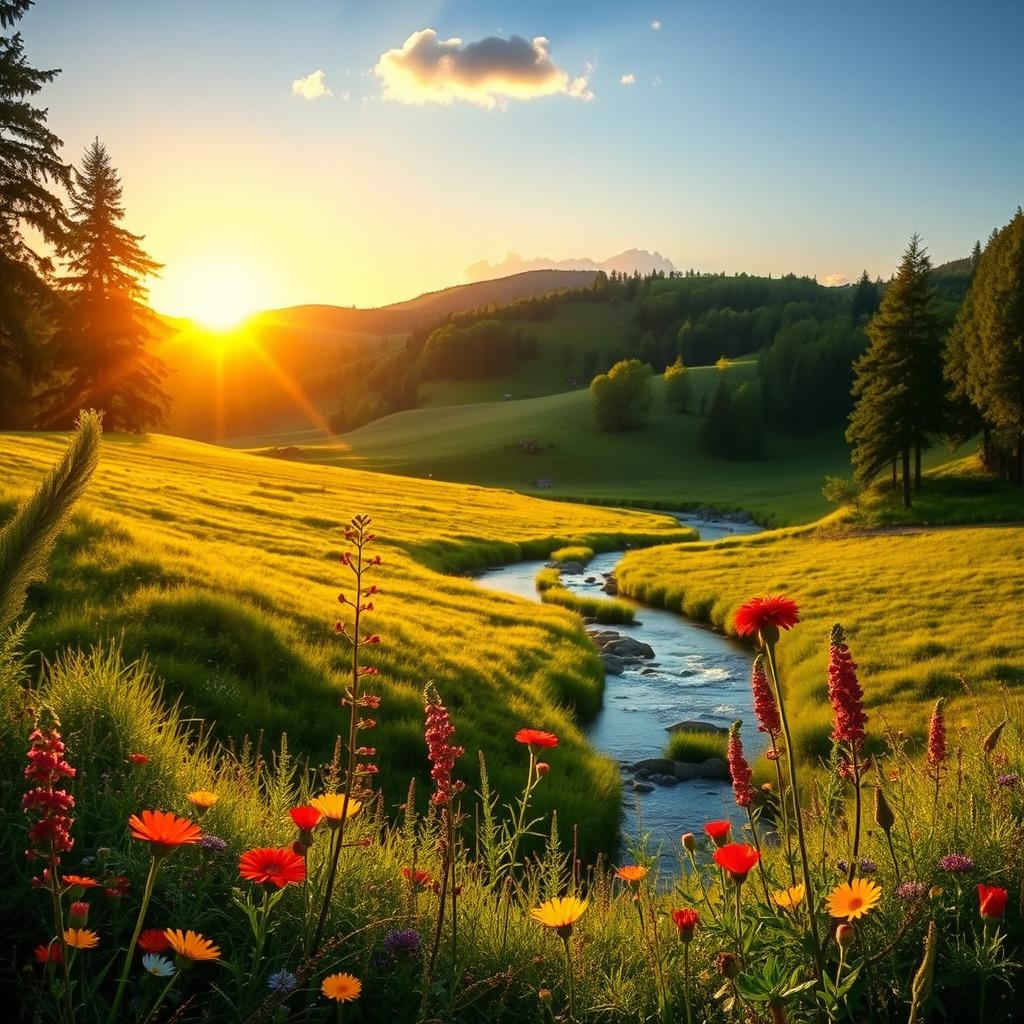 A serene landscape depicting a lush green valley with a gently flowing river