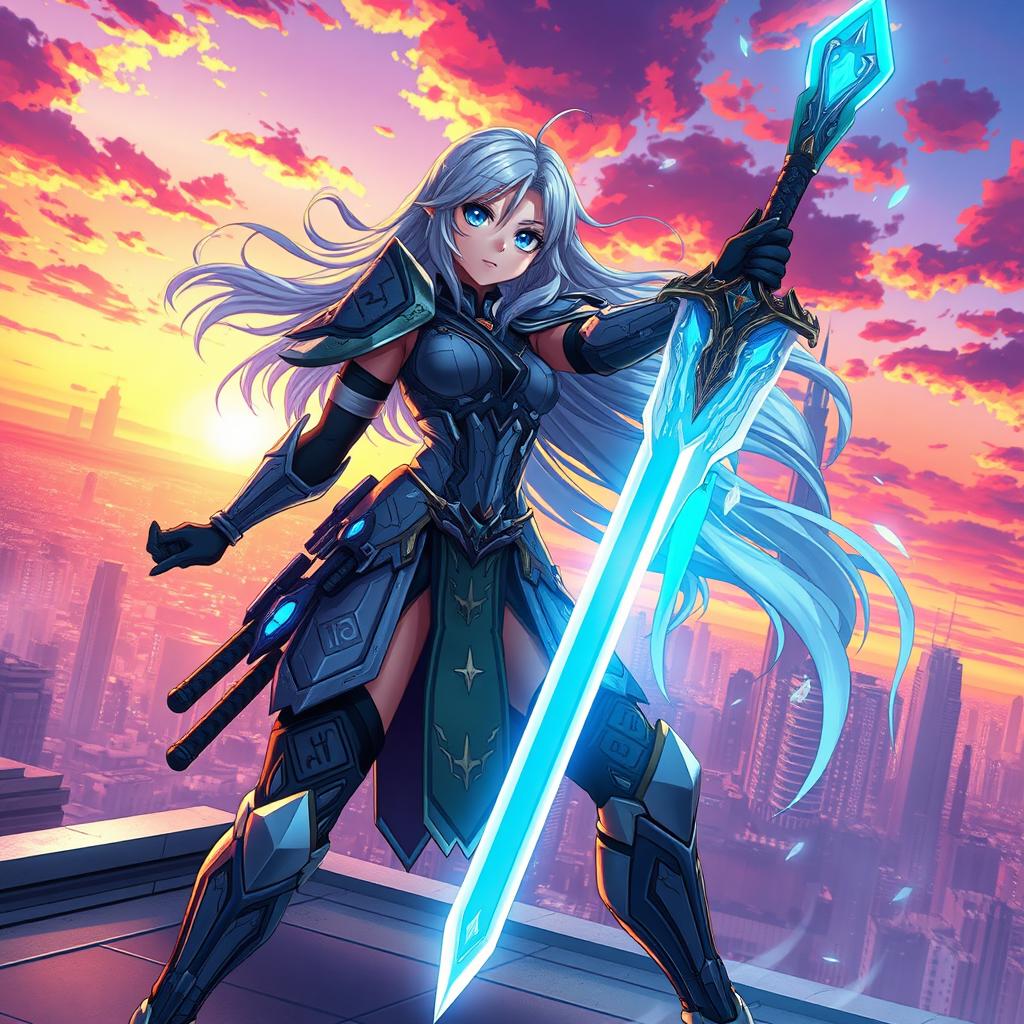 A dynamic anime character posed heroically on a futuristic rooftop under a vibrant sunset, showcasing intricate armor adorned with glowing runes