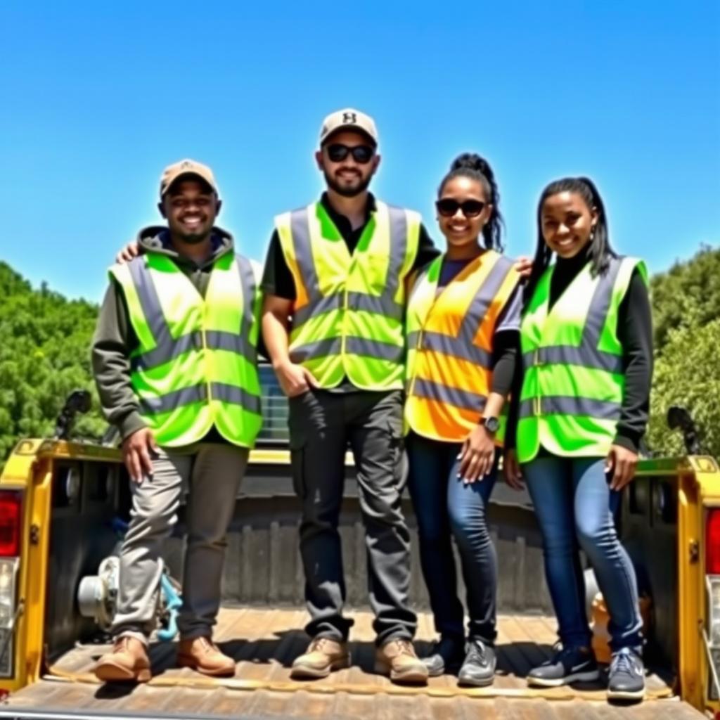 A vibrant and engaging scene featuring three people wearing bright reflective vests standing at the back of a bakkie (pickup truck)