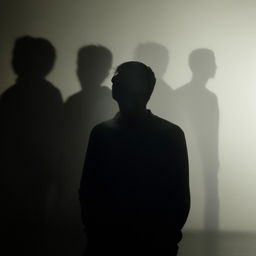 Depict a lone man smoking a cigarette, illuminated faintly, with obscured, shadowy silhouettes looming in the background.