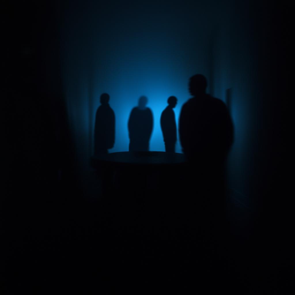 A man in the foreground smoking a cigarette, with mysterious, indistinct silhouettes looming in the dimly lit background.