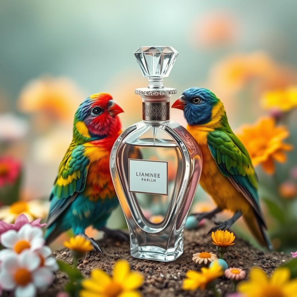 A charming scene featuring a beautifully designed perfume bottle placed gracefully beside colorful birds