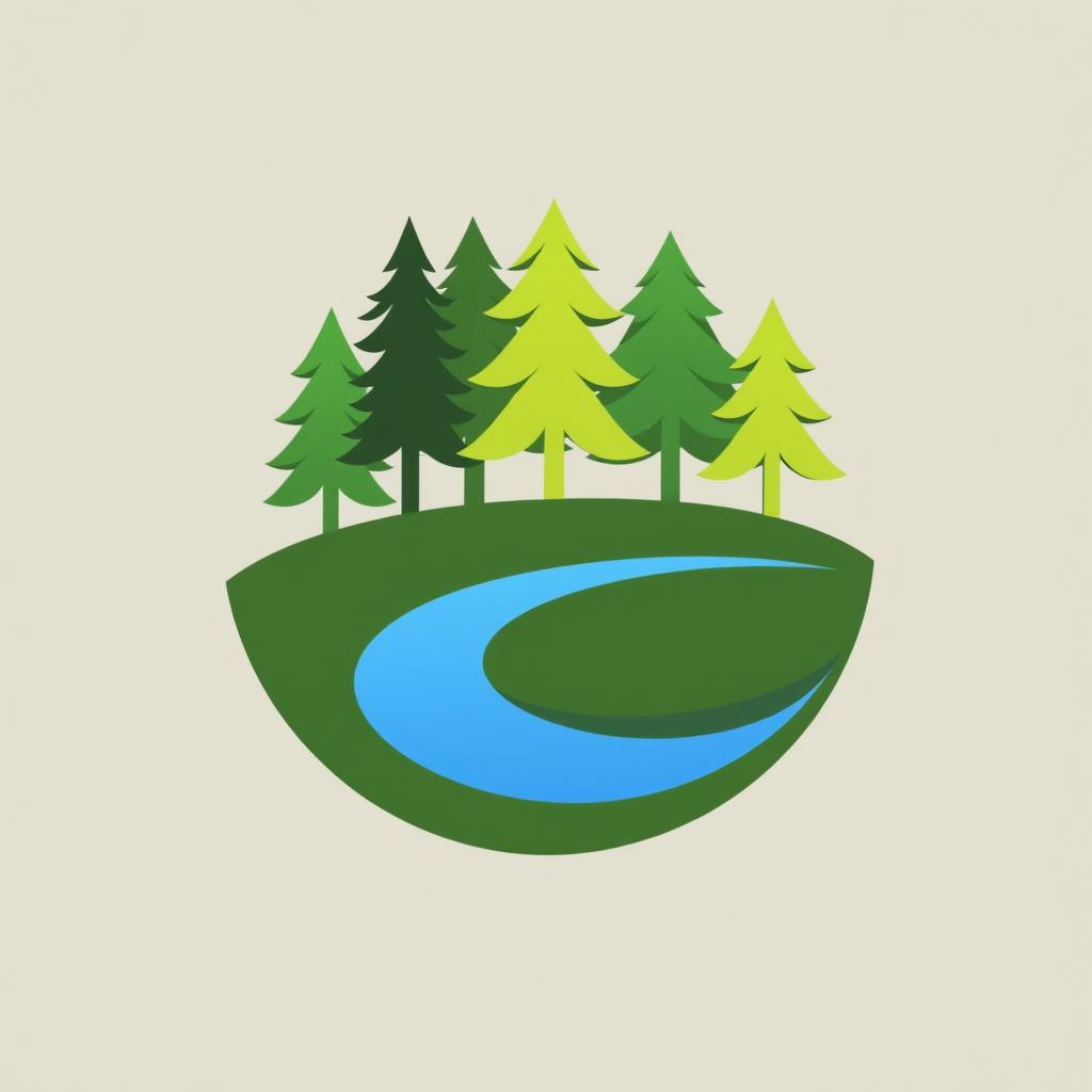 A logo design featuring stylized trees and a flowing river