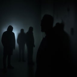 A man in the foreground smoking a cigarette, with mysterious, indistinct silhouettes looming in the dimly lit background.