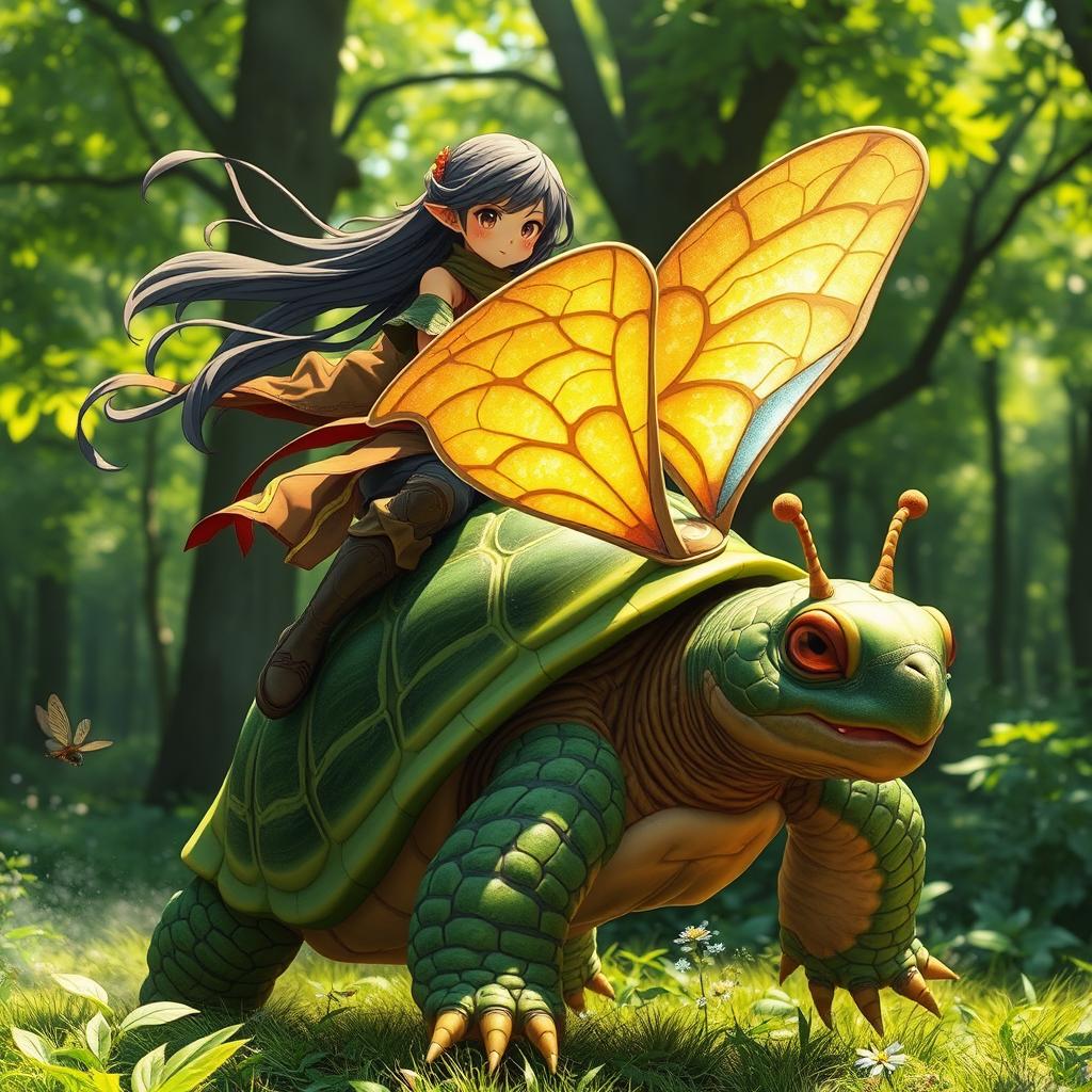 A dynamic and imaginative scene featuring a ninja girl with long flowing hair and traditional ninja attire, gracefully riding a fantastical hybrid animal