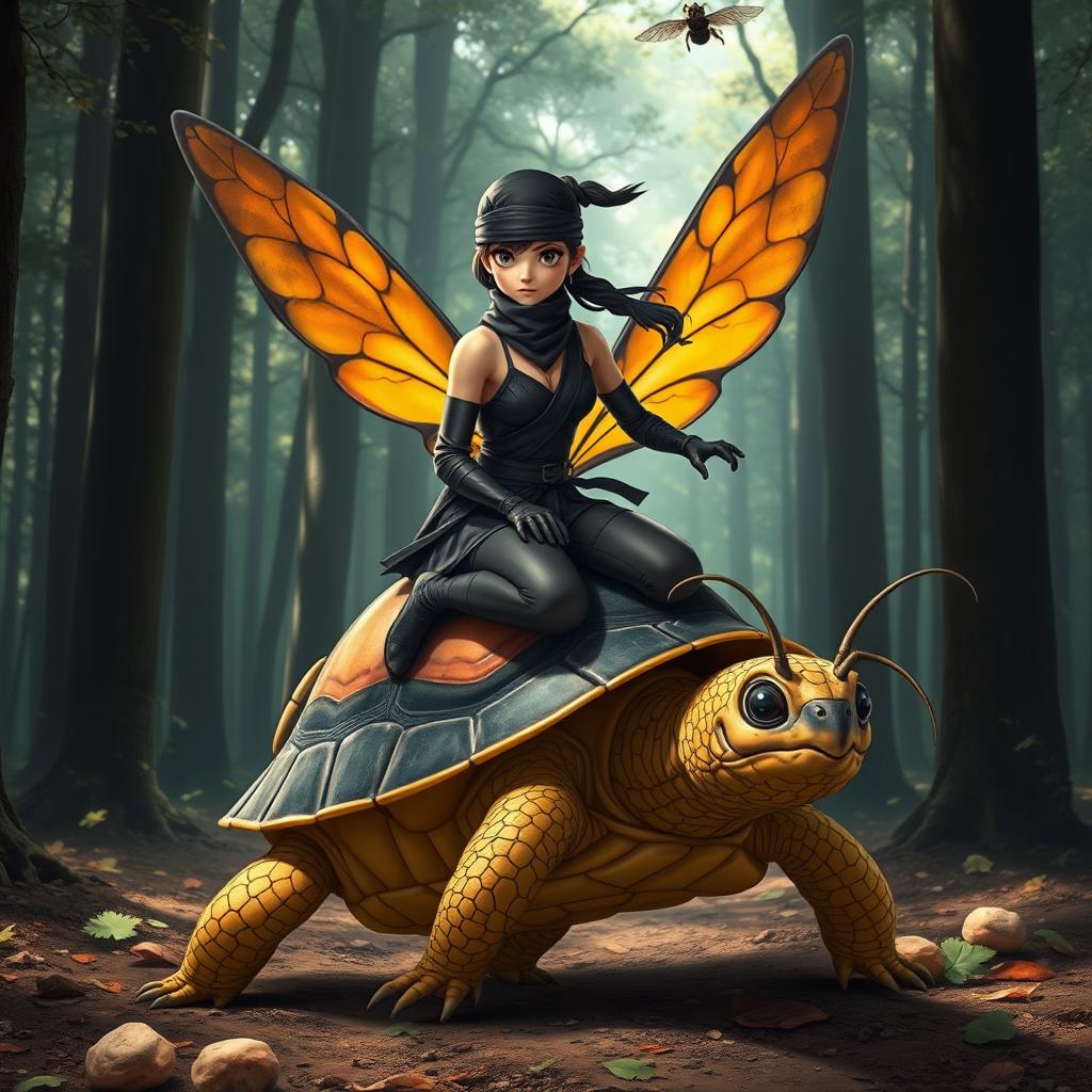 A ninja girl dressed in a sleek, dark outfit, complete with a headband and a mask that partially covers her face, is skillfully riding a unique hybrid creature
