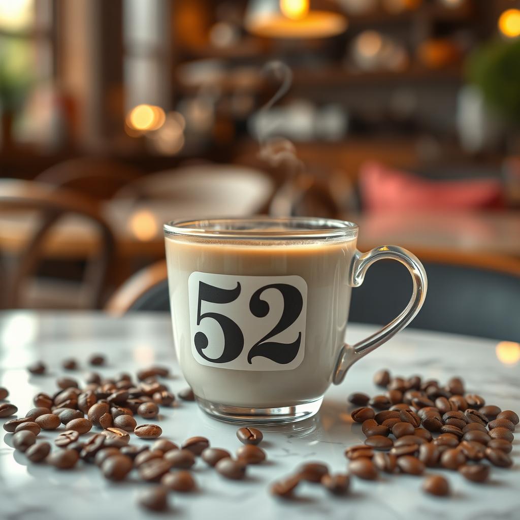 A beautifully arranged scene featuring a cup of coffee labeled with the number 52, placed on an elegant table