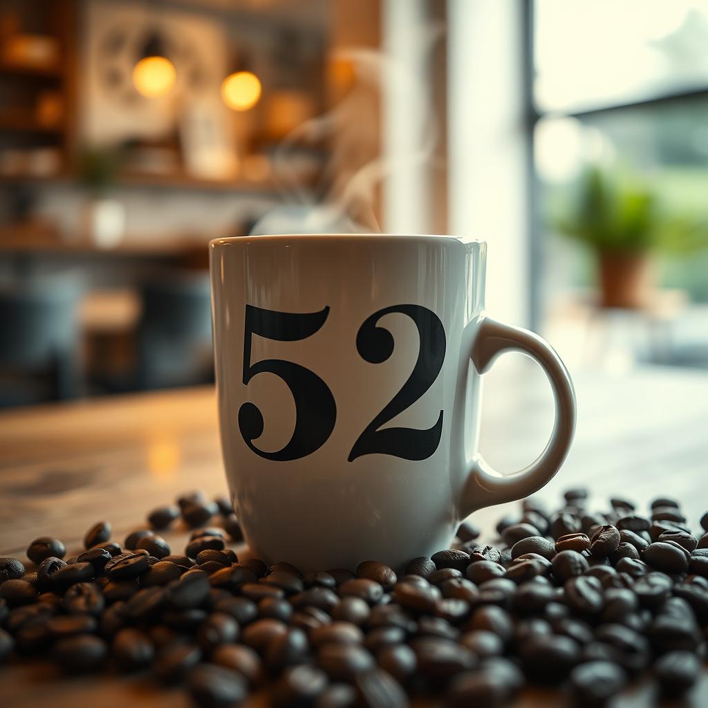 A beautifully staged scene showcasing a cup of coffee prominently labeled with the number 52
