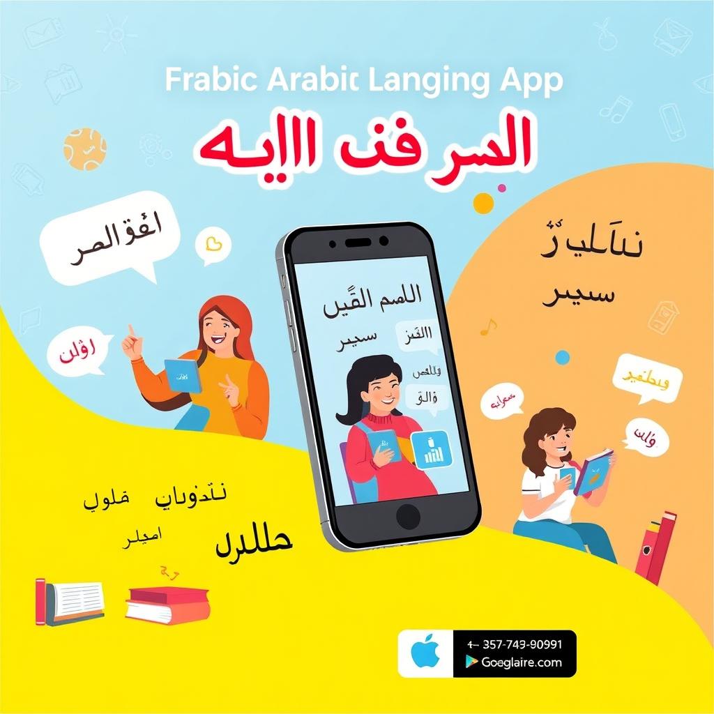 A vibrant and engaging poster illustrating the Arabic language learning app بارق, showcasing the theme of ease in learning the Arabic language through the app