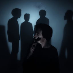 A man in the foreground smoking a cigarette, with mysterious, indistinct silhouettes looming in the dimly lit background.