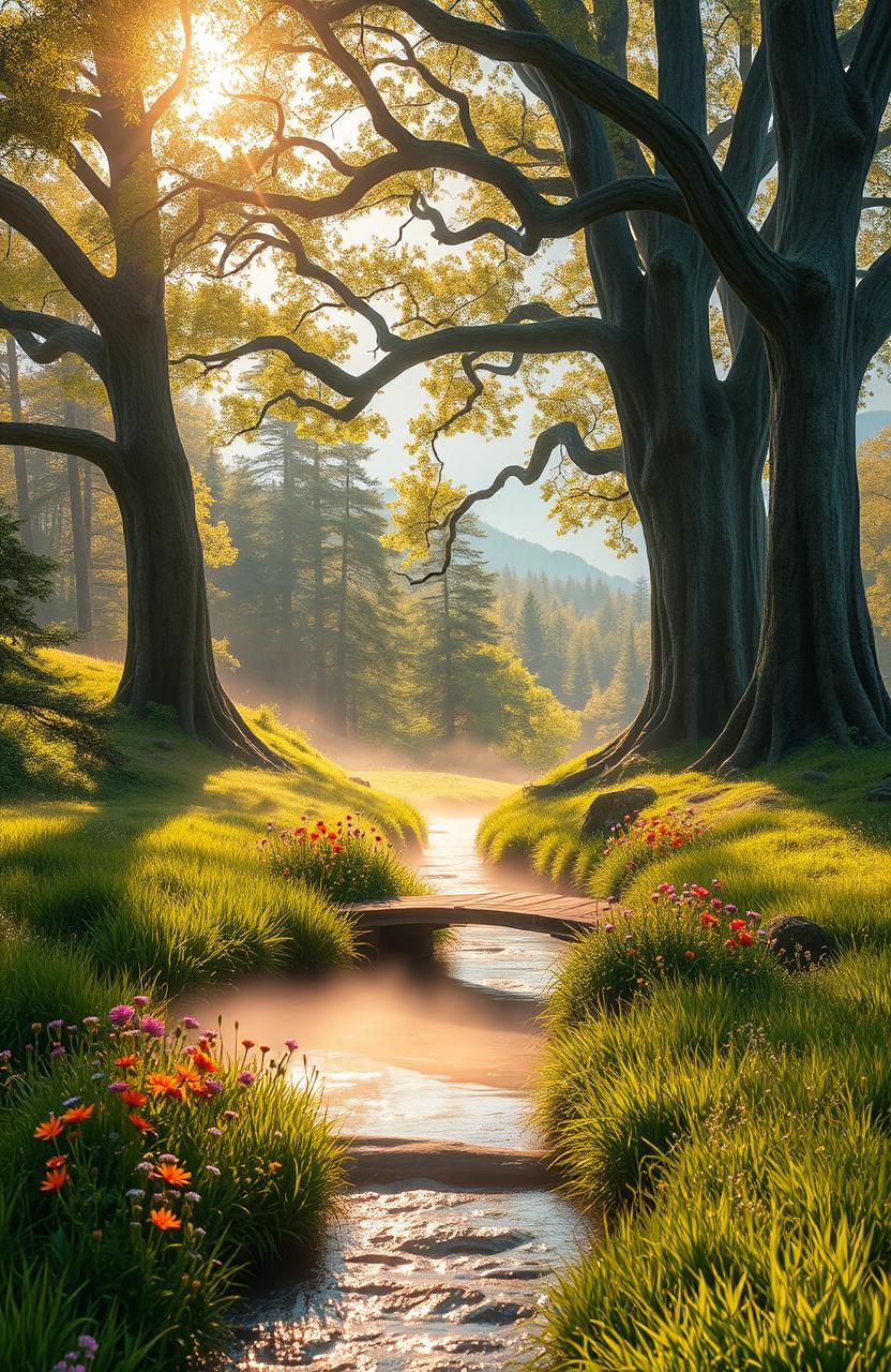 An enchanting forest scene bathed in warm light, featuring a tranquil stream flowing through lush greenery
