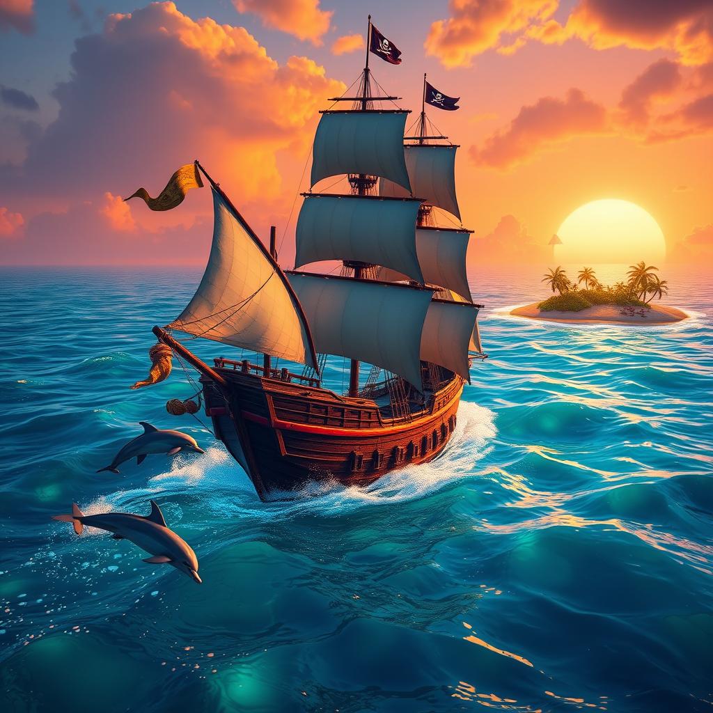 An adventurous pirate scene set in a fantastical oceanic world inspired by the video game Sea of Thieves