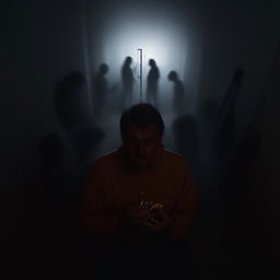 A man in the foreground solemnly taking pills, surrounded by the vague, mysterious silhouettes lurking in the background.