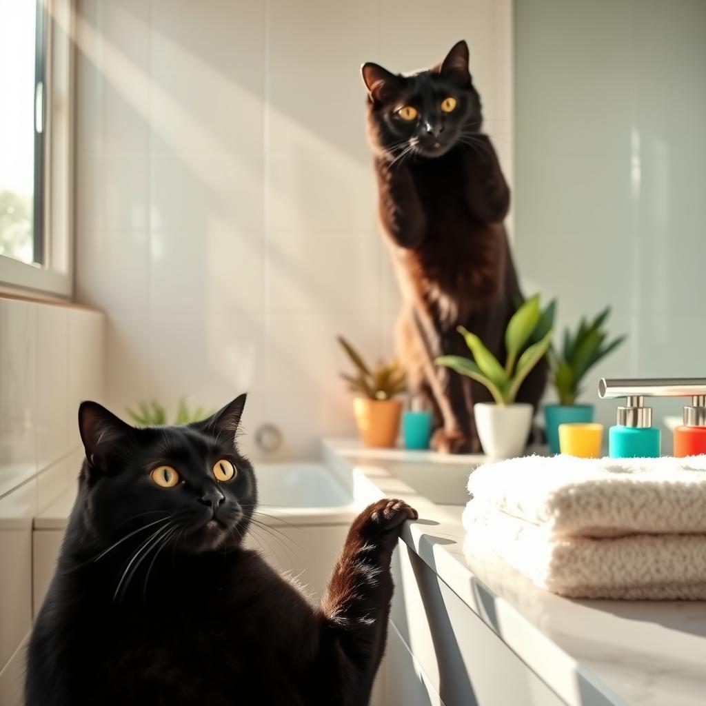 A playful black cat in a bright, modern bathroom, elegantly washing her head with one paw and looking at the viewer with curious eyes