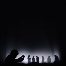 A man in the foreground solemnly taking pills, surrounded by the vague, mysterious silhouettes lurking in the background.