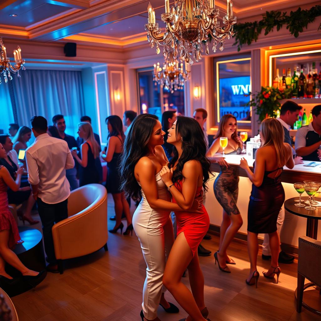 A vibrant and lively swinger party scene set in a luxurious indoor space