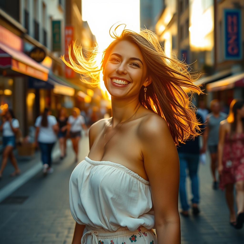 A confident woman weighing around 140 pounds, standing in a vibrant city street during sunset, dressed in a stylish summer outfit, with flowing hair catching the warm light, exuding positivity and joy