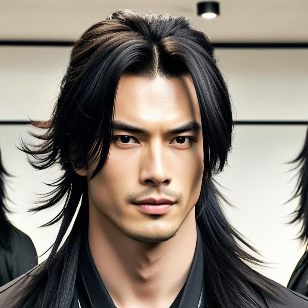 I want this dude with his hair in a ponytail that only takes from the coronal line to back and in front some hair in the face