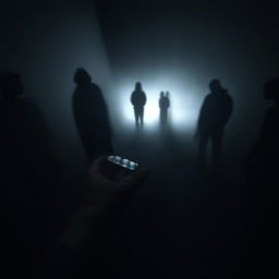 A man in the foreground solemnly taking pills, surrounded by the vague, mysterious silhouettes lurking in the background.