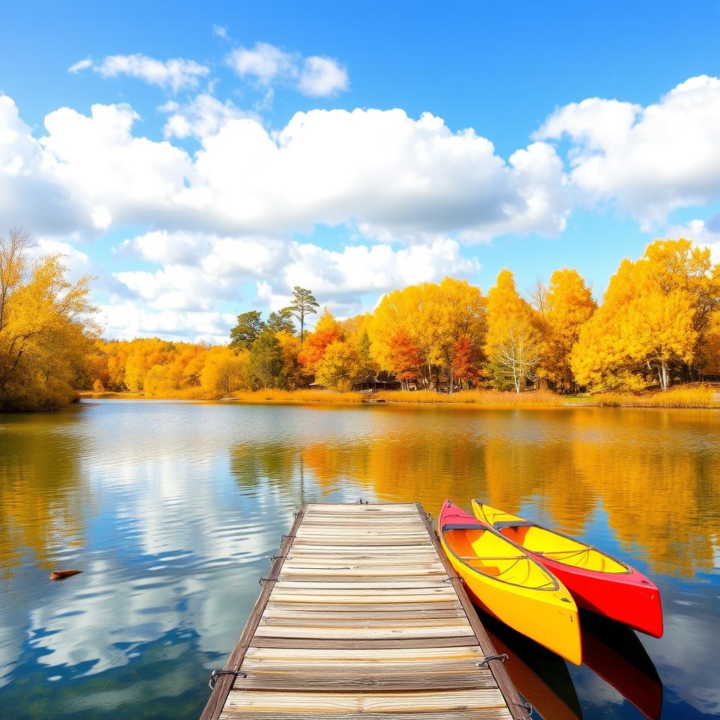 A serene autumn landscape featuring a tranquil lake with crystal clear water reflecting the vibrant colors of the changing leaves
