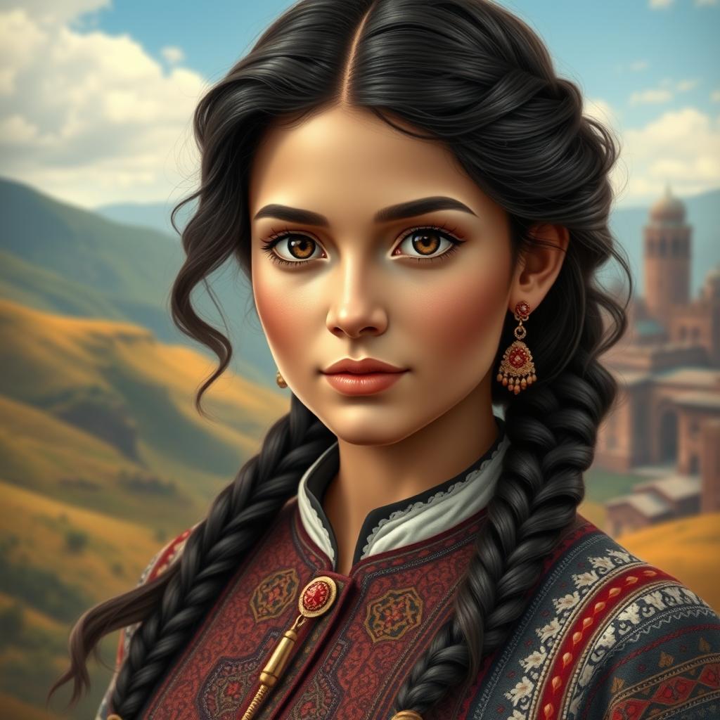 A realistic and beautiful Georgian girl, with distinct features such as dark, wavy hair and captivating deep brown eyes