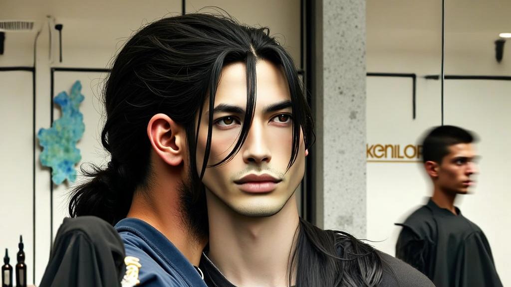 A close-up portrait of a young man with long hair styled in a ponytail that starts from the coronal line at the top and extends to the back, leaving some strands of hair falling stylishly in front of his face