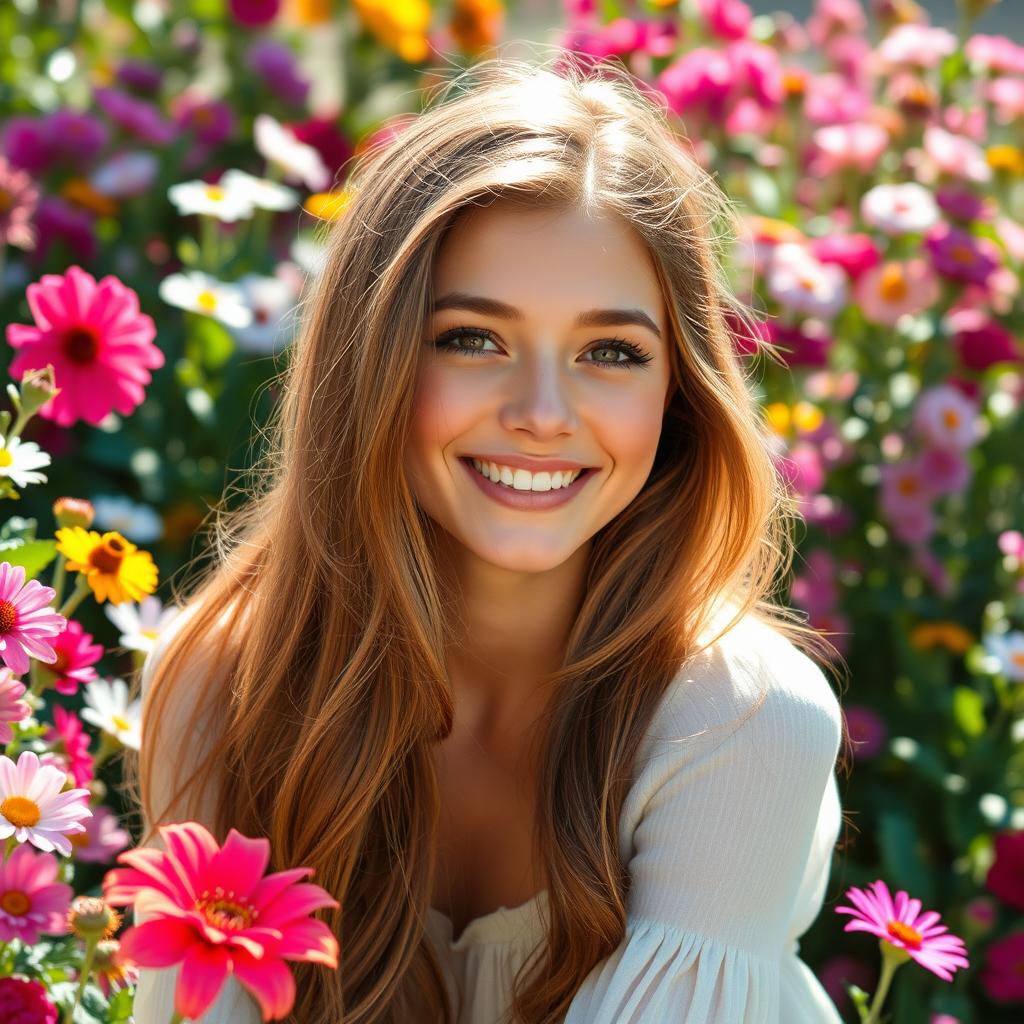 A serene and enchanting portrait of a sweet woman with an inviting smile, surrounded by blooming flowers in a sunny garden