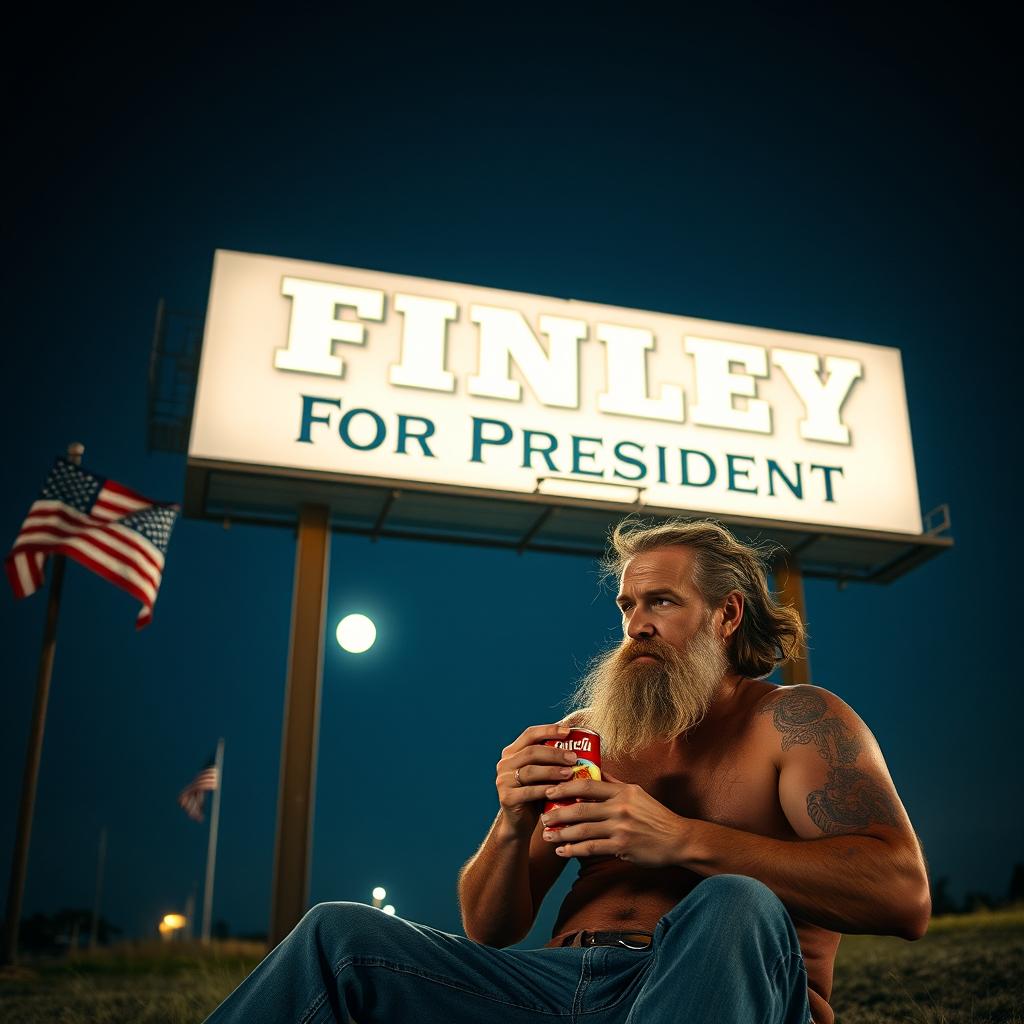 A man in his 40s, sitting beneath a large illuminated billboard that reads 'Finley for President'