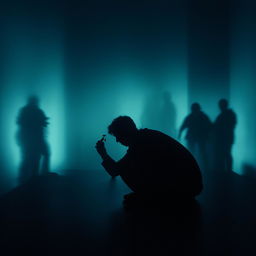 A man in the foreground solemnly taking pills, surrounded by the vague, mysterious silhouettes lurking in the background.