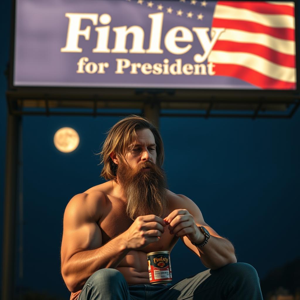 A middle-aged man in his 40s, seated underneath a large illuminated billboard displaying the slogan 'Finley for President'