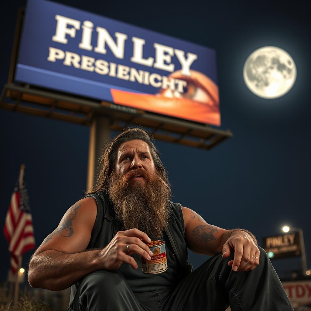 A middle-aged man in his 40s, sitting under a large illuminated billboard displaying the slogan: 'Finley for President