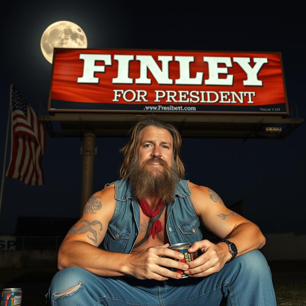 A man in his 40s, with a rugged appearance, sitting under a large billboard reading 'Finley for President', with a backdrop of a United States flag