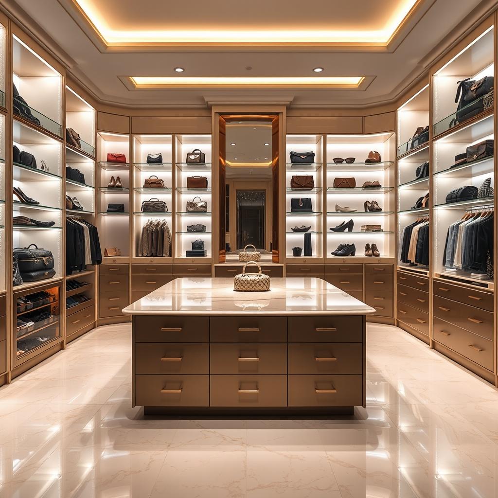 A luxurious and elegant walk-in closet featuring glossy ceramic floors that reflect the soft, ambient lighting