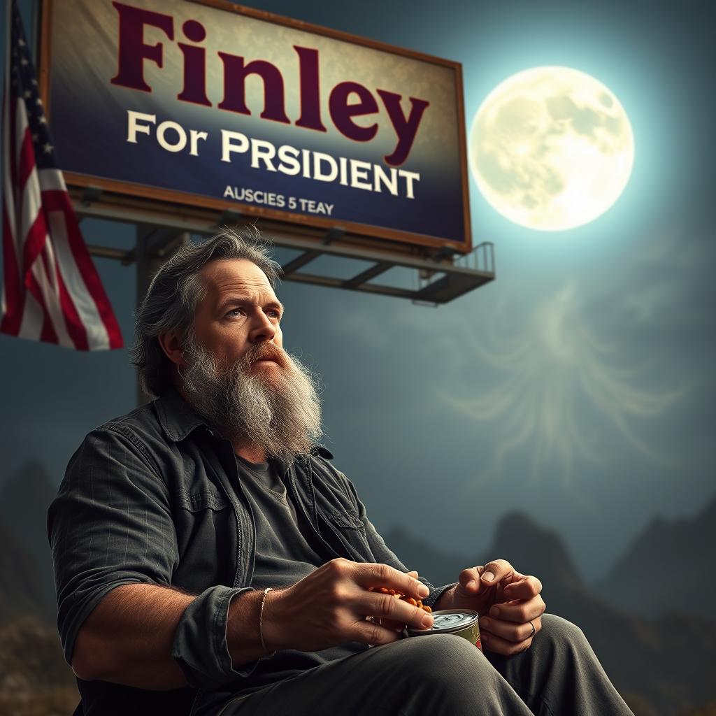 A middle-aged man in his 40s, sitting beneath a large billboard with the slogan "Finley for President"