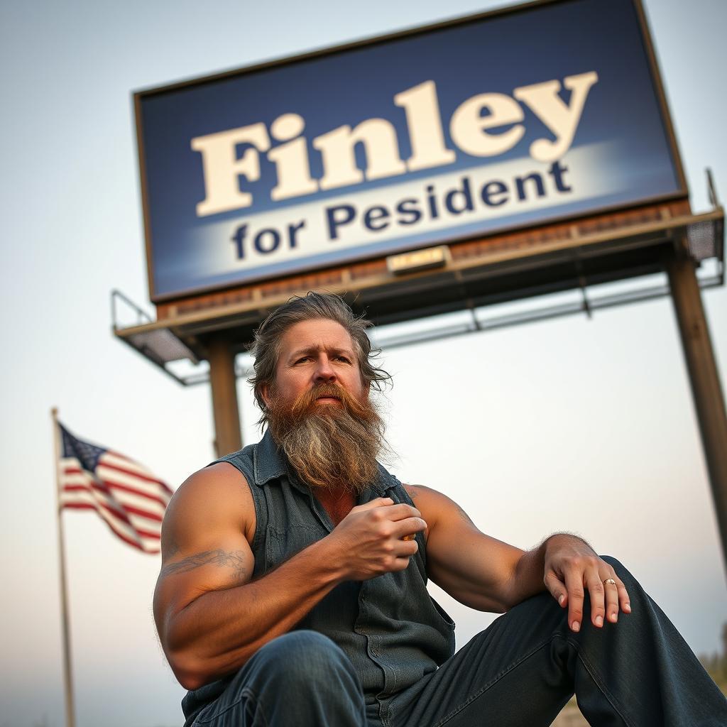 A middle-aged man in his 40s, sitting beneath a large billboard with the slogan "Finley for President" prominently displayed