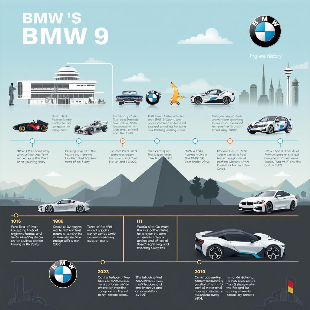 A detailed visual timeline of BMW's history, showcasing key milestones such as the founding of the company in 1916, the production of their iconic aircraft engines during WWI, and their transition to automobile manufacturing in the 1920s