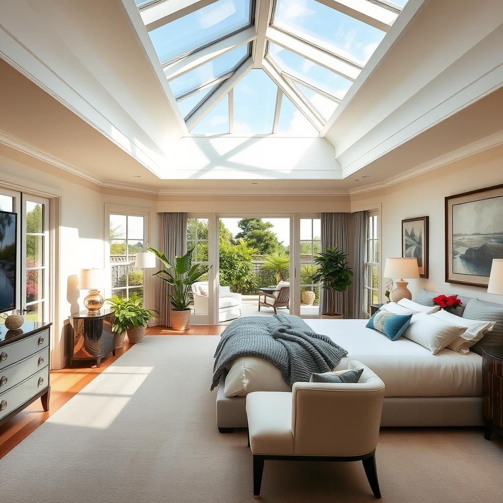 A luxurious and elegant master bedroom featuring a stunning sunroof that allows natural light to pour in