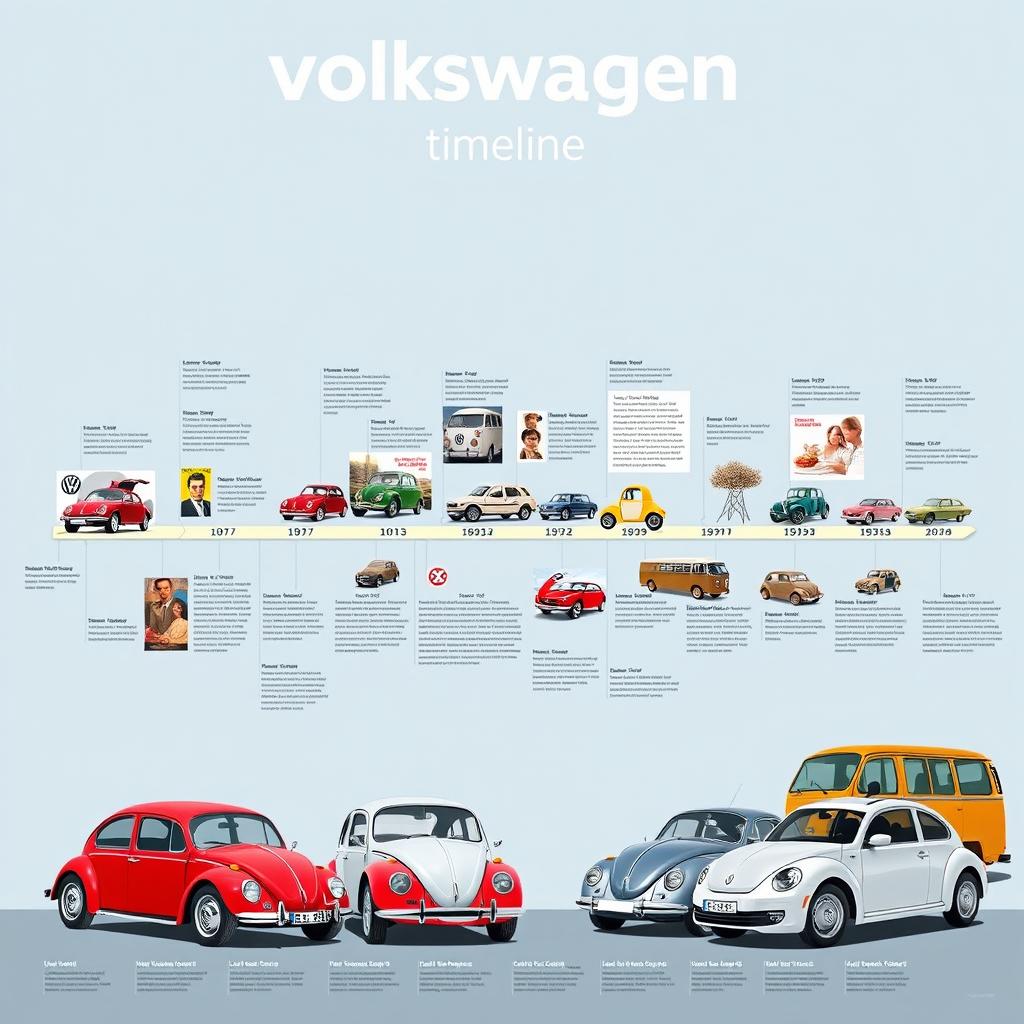 A detailed and aesthetically pleasing timeline of Volkswagen's history, depicting significant events and milestones from the company's founding in 1937 to present day