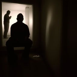 A man solemnly swallowing pills in the foreground, outlined by eerie silhouettes lurking unnoticed in the background.