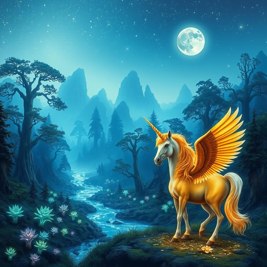 A vibrant fantasy landscape featuring a vast, enchanted forest with towering ancient trees, bioluminescent plants glowing softly in hues of blue and green, and a clear night sky filled with twinkling stars