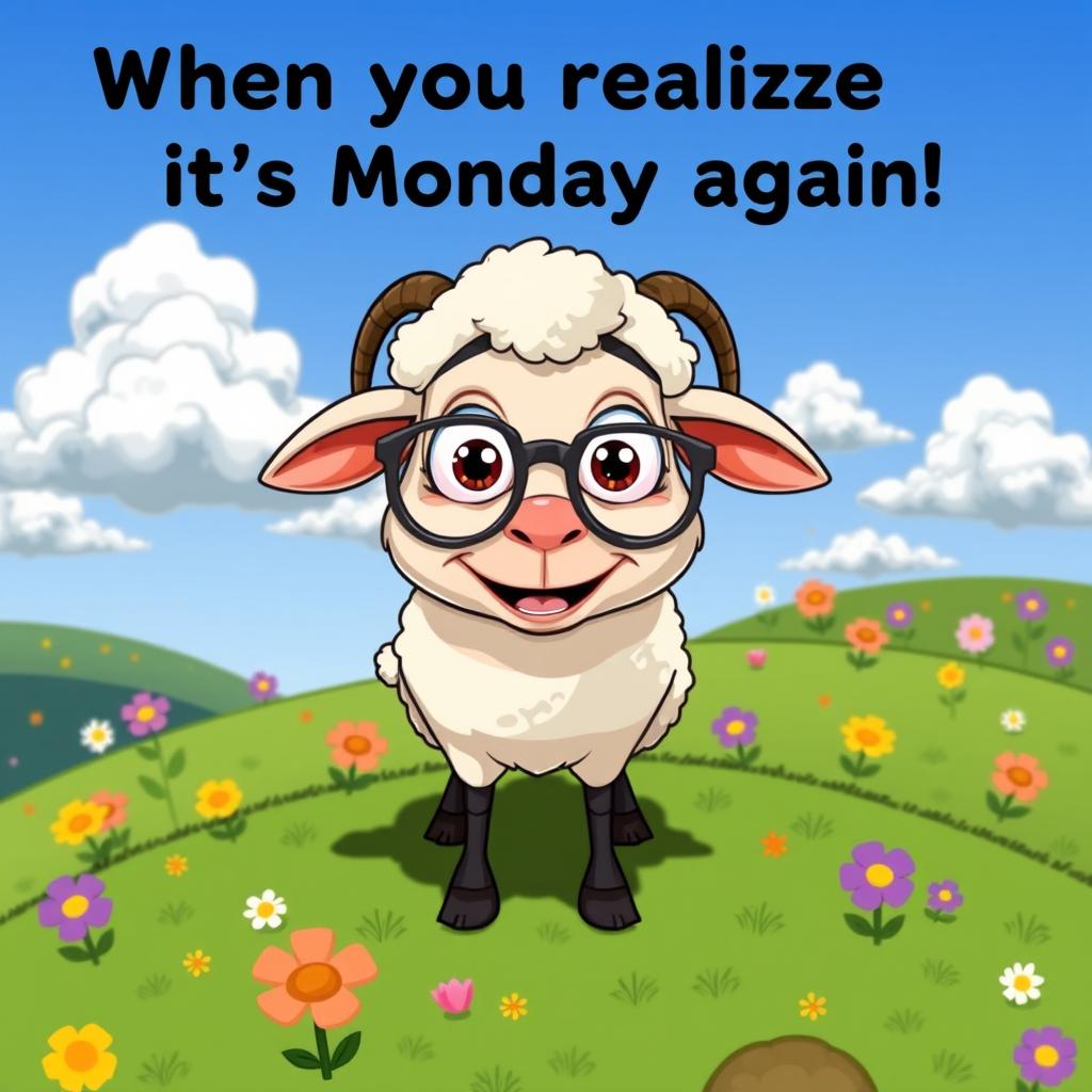 A whimsical and funny meme featuring a cartoon sheep with exaggerated facial expressions, standing on a green hillside with colorful flowers around